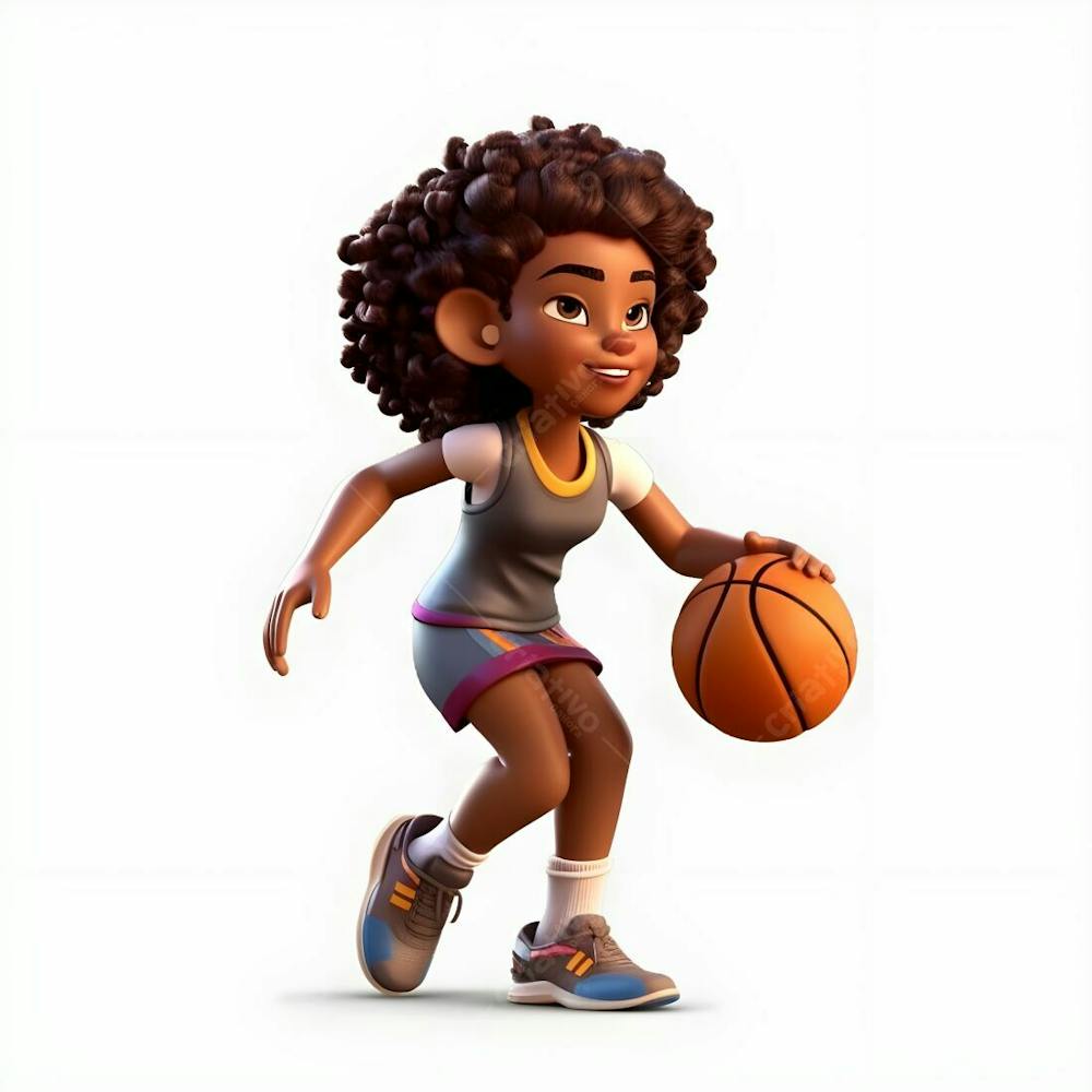  imagem de desenho animado em 3D de uma garota negra jogando basquete