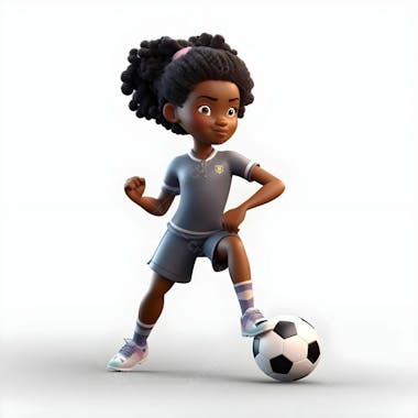 Imagem de desenho animado em 3d de uma garota negra jogando futebol