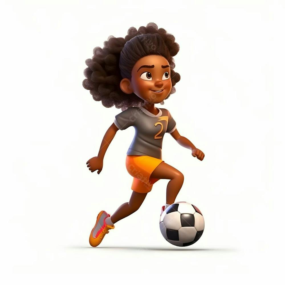 imagem de desenho animado em 3D de uma garota negra jogando futebol