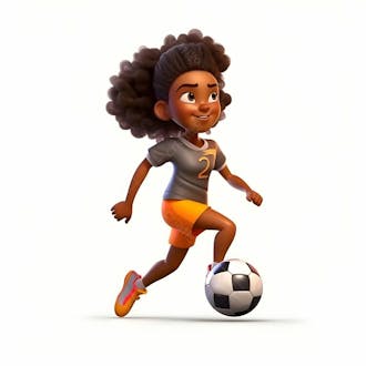 Imagem de desenho animado em 3d de uma garota negra jogando futebol