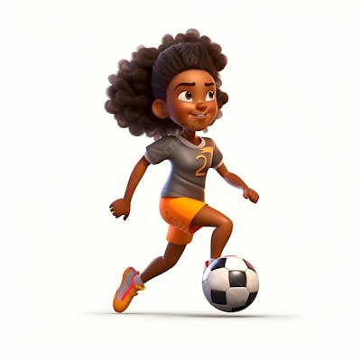  imagem de desenho animado em 3D de uma garota negra jogando futebol