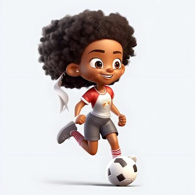 Imagem de desenho animado em 3d de uma garota negra jogando futebol