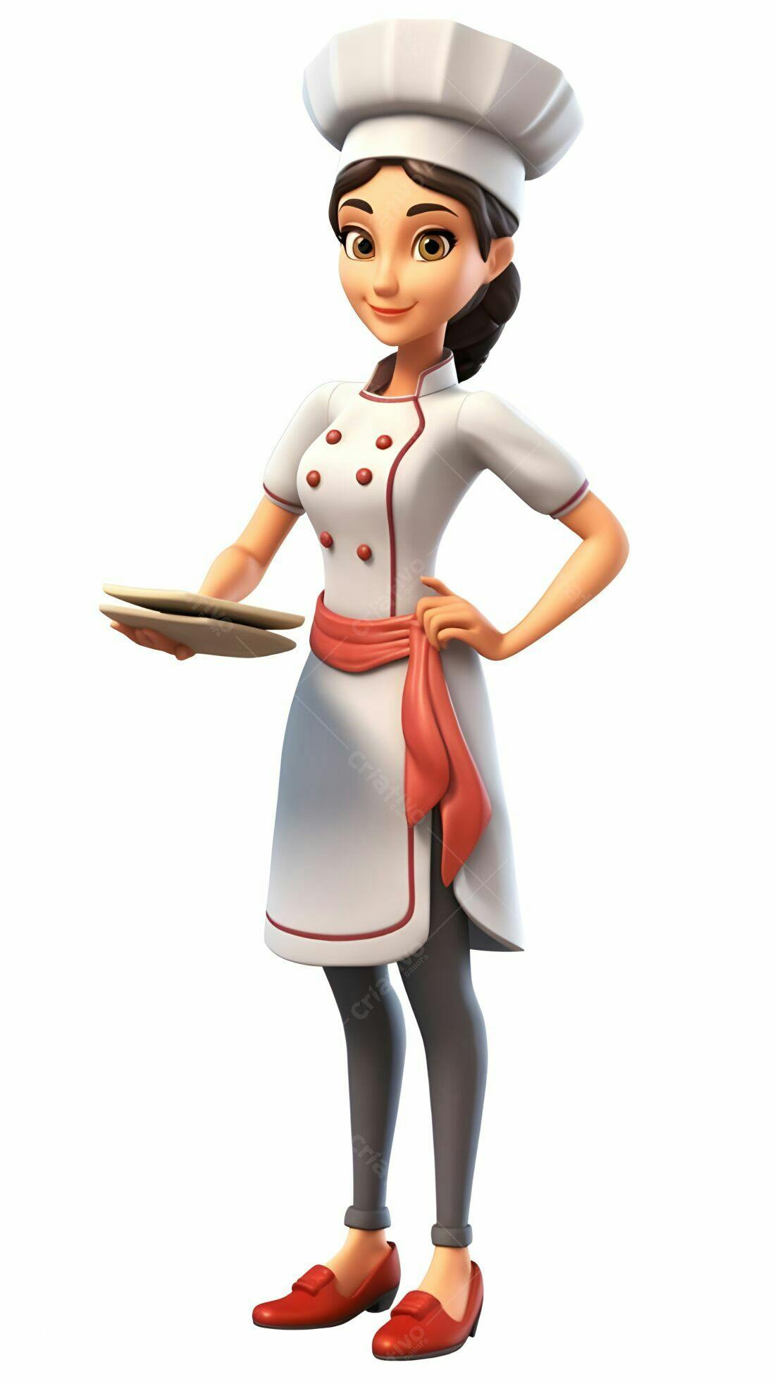 Chef feminina segurando pratos brancos