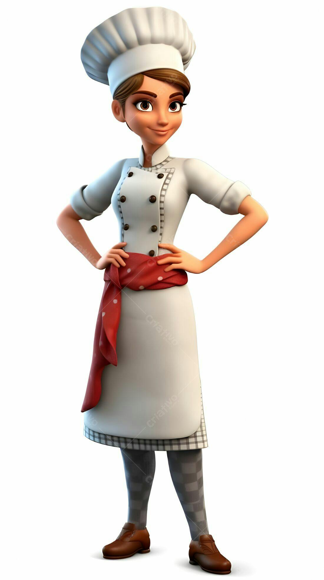 Chef feminina animada com uniforme branco e vermelho