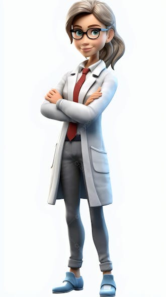Personagem de desenho animado 3d animado de uma médica em posição de confiança