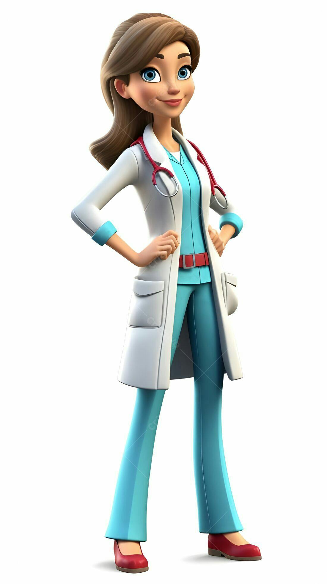 Médica animada em uniforme azul e branco
