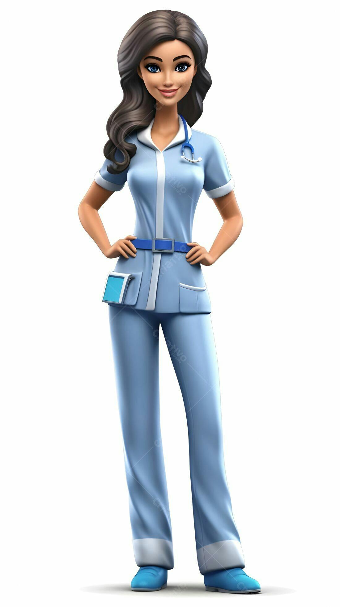 Enfermeira 3D uniforme azul sorrindo