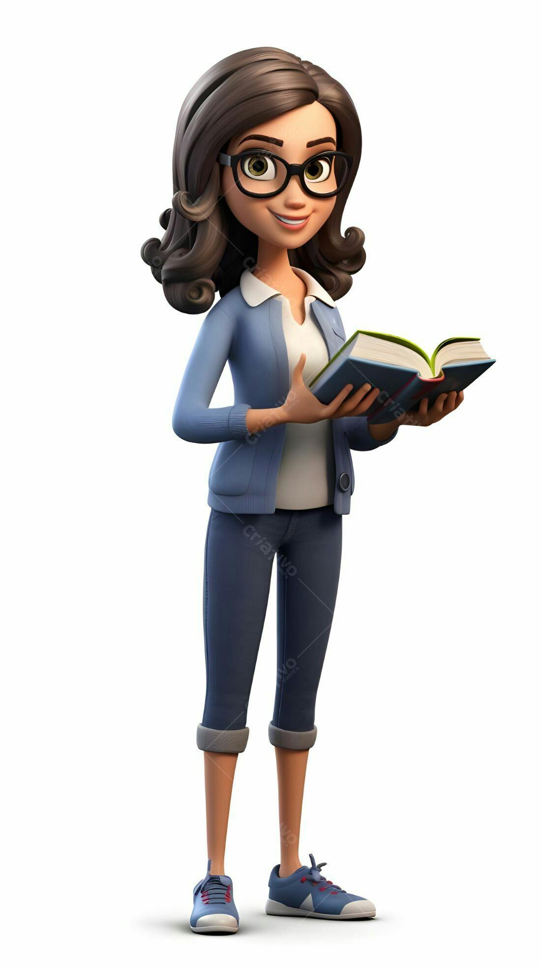 Professora animada lendo livro azul