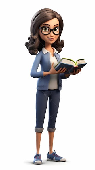 Personagem de desenho animado 3d de uma professora segurando um livro