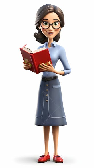 Personagem de desenho animado 3d de uma professora segurando um livro