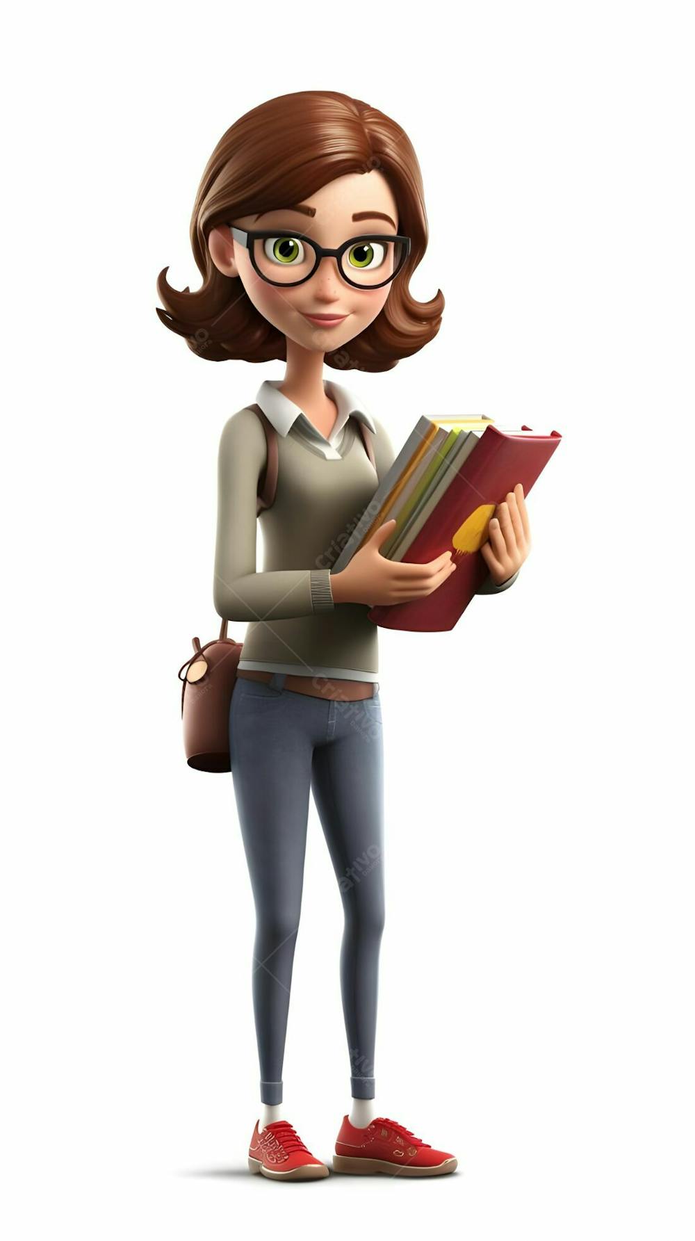 Personagem de desenho animado 3D de garota segurando livros