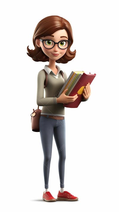 Personagem de desenho animado 3D de garota segurando livros