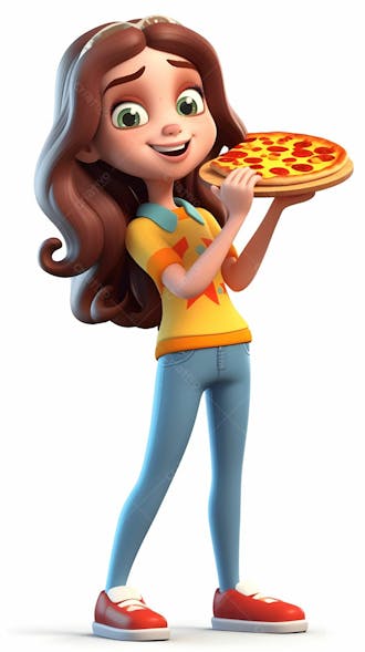 Animação 3d de uma jovem enérgica pronta para comer pizza