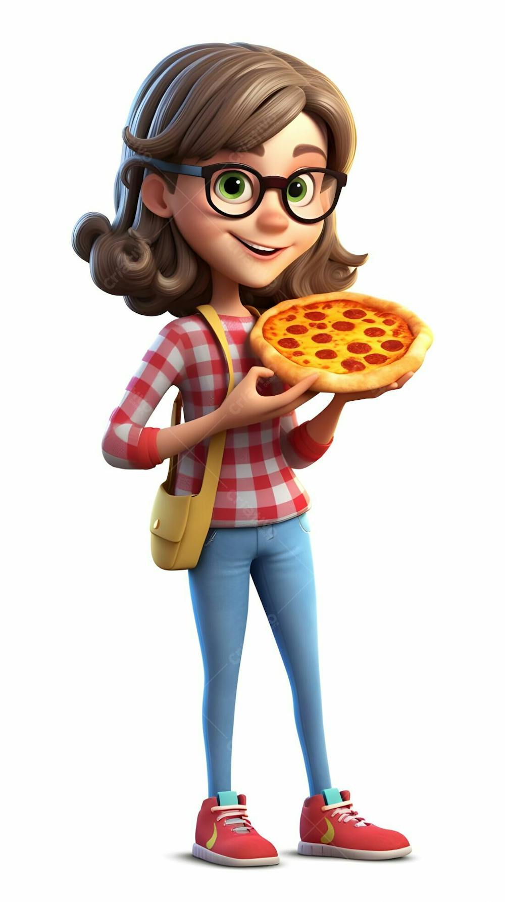 Desenho animado 3D animado de uma jovem pronta para comer pizza