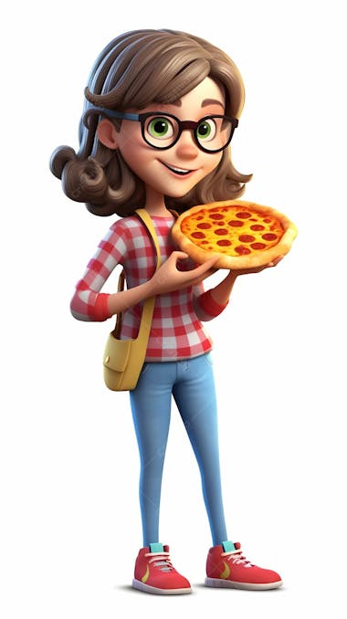 Desenho animado 3d animado de uma jovem pronta para comer pizza