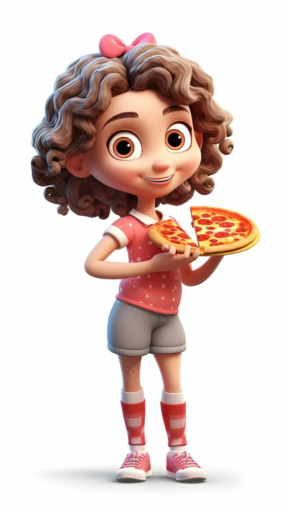 Desenho 3D animado de uma menina pronta para comer pizza