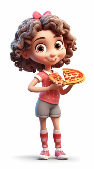 Desenho 3d animado de uma menina pronta para comer pizza