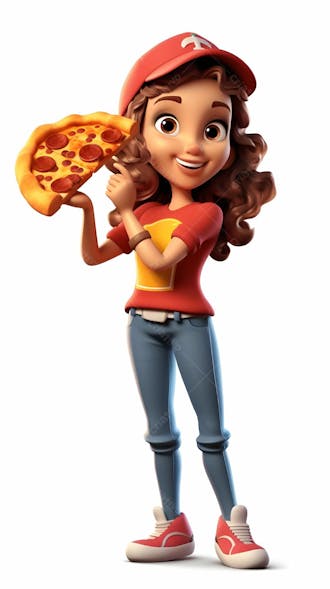 Desenho 3d animado de uma menina pronta para comer pizza