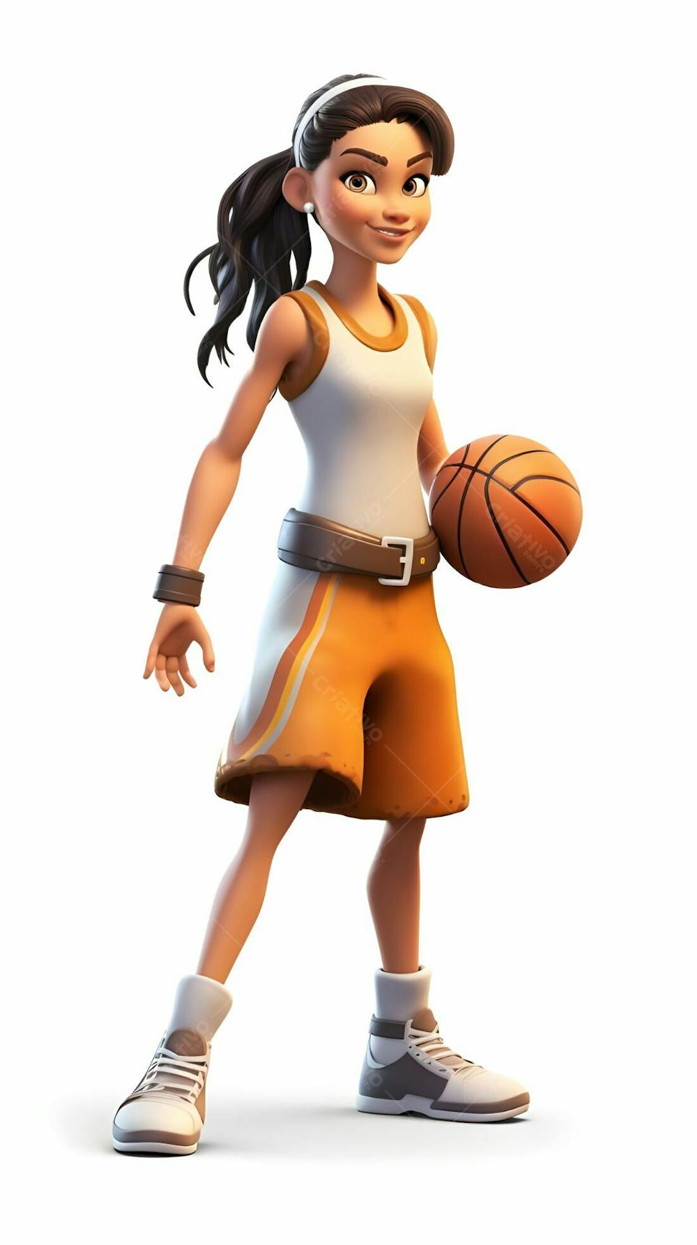 Desenho 3D animado de menina com basquete pronto para jogar