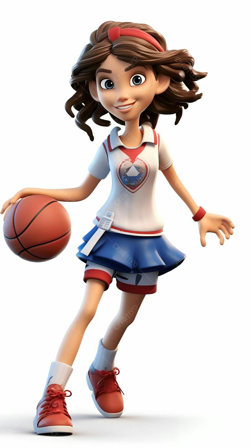 Desenho 3D animado de menina com basquete pronto para jogar