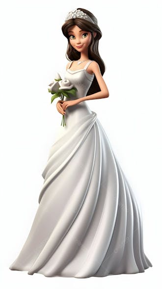 Desenho 3d animado de garota com vestido de noiva