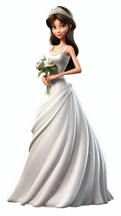  Desenho 3D animado de garota com vestido de noiva