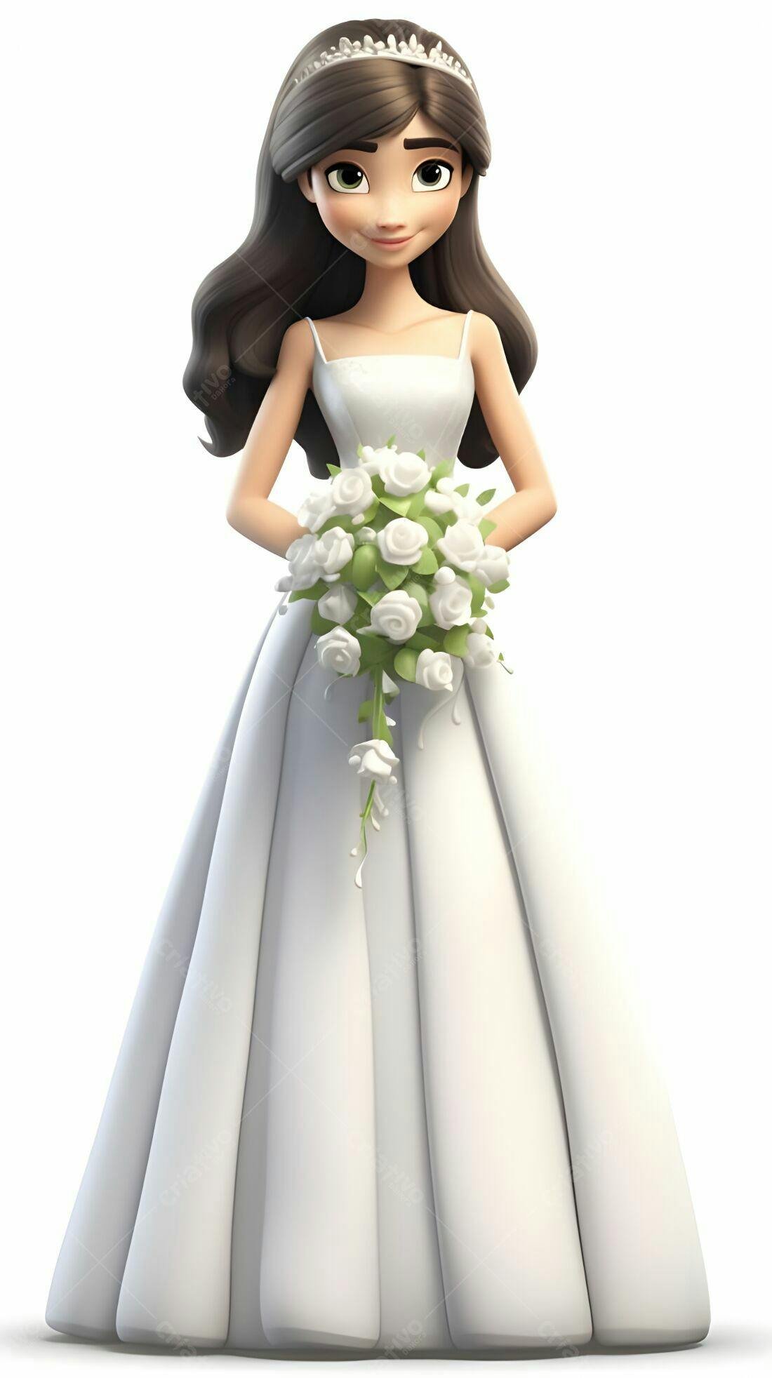 Noiva animada em vestido branco segurando buquê