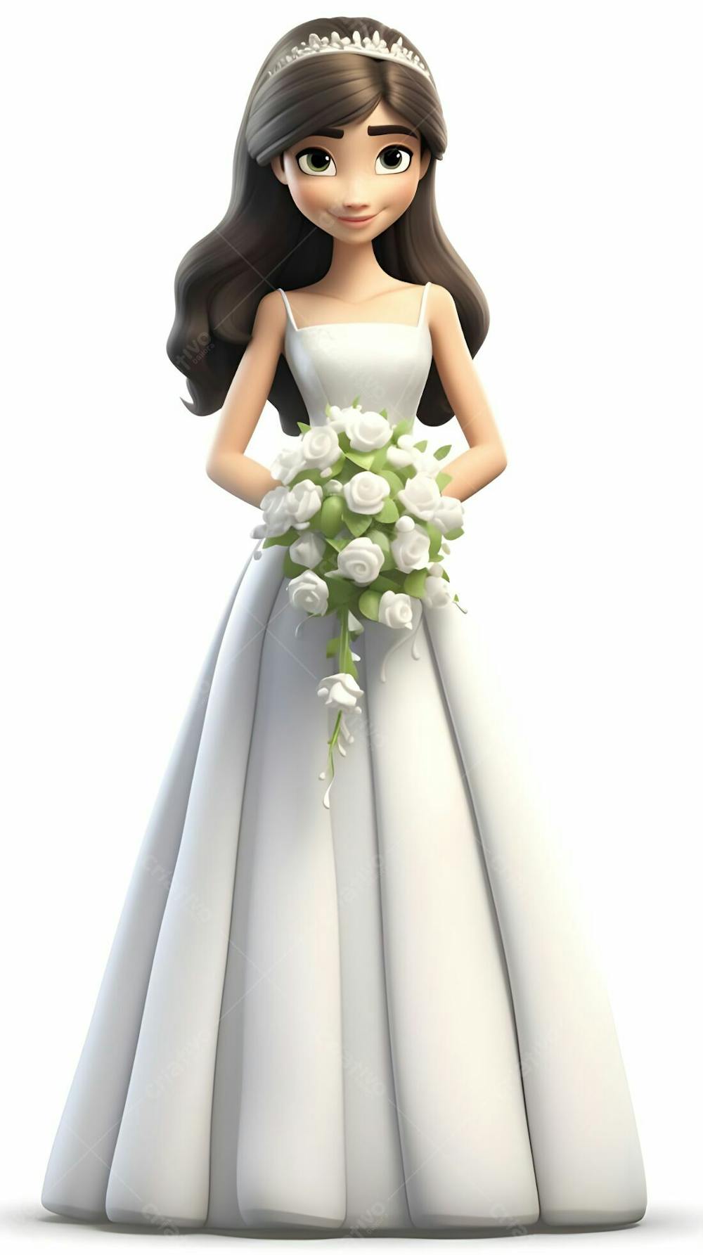 Desenho 3D animado de garota com vestido de noiva com flores