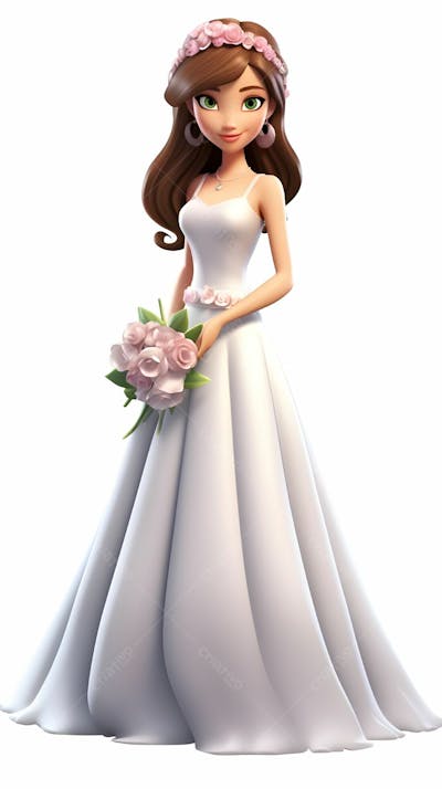  Desenho 3D animado de garota com vestido de noiva com flores