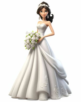 Desenho 3d animado de garota em vestido de noiva