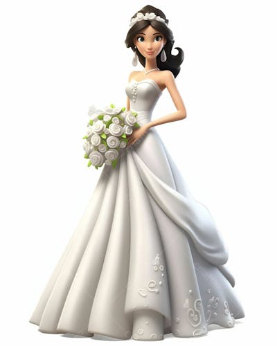 Desenho 3D animado de garota em vestido de noiva