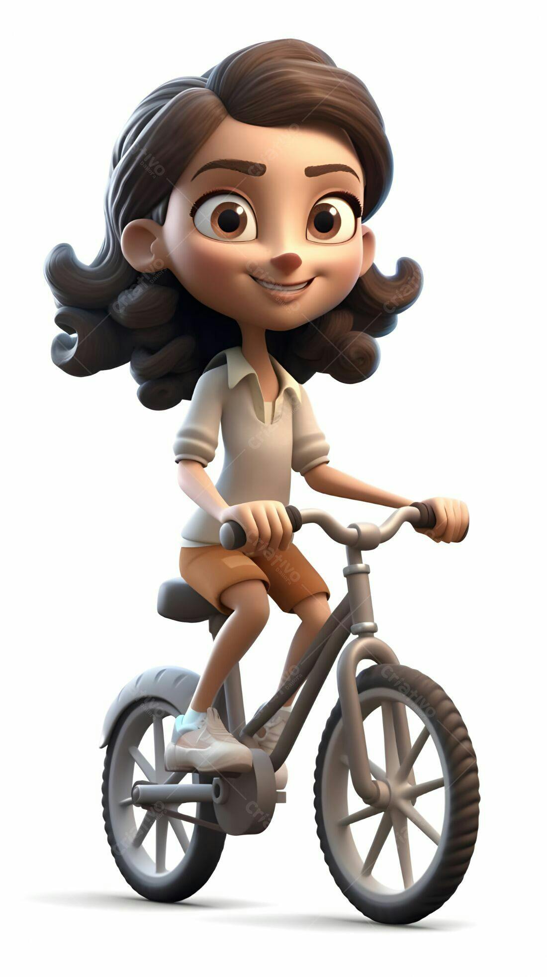 Menina animada pedalando bicicleta cinza