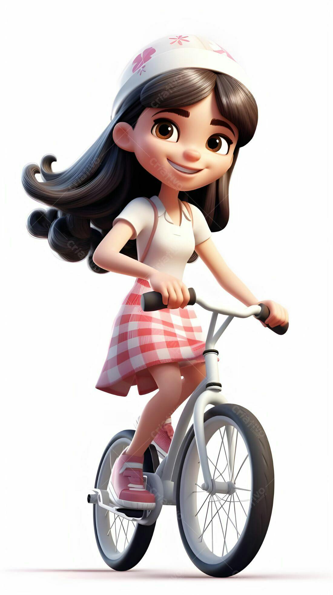 Menina feliz pedalando bicicleta branca