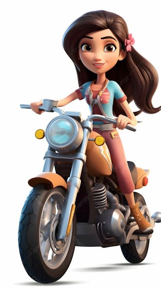 Imagine desenho animado em 3d de uma garota em uma motocicleta