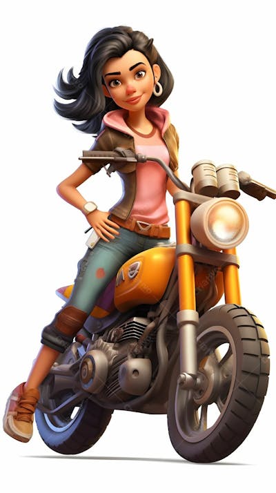 Personagem de desenho animado 3D de garota andando de moto