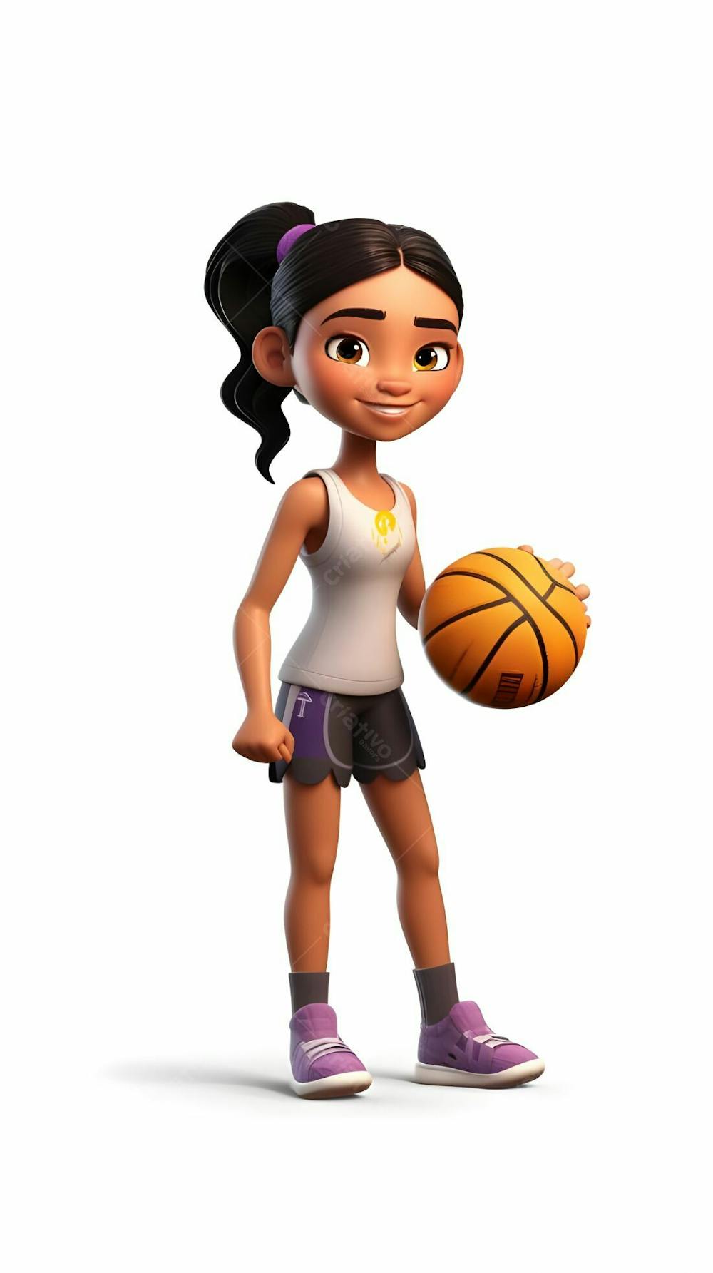 Personagem de desenho animado 3D de uma jovem enérgica jogando basquete