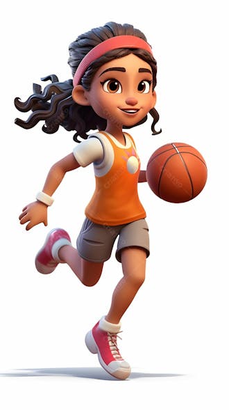 Personagem de desenho animado 3d de uma jovem enérgica jogando basquete