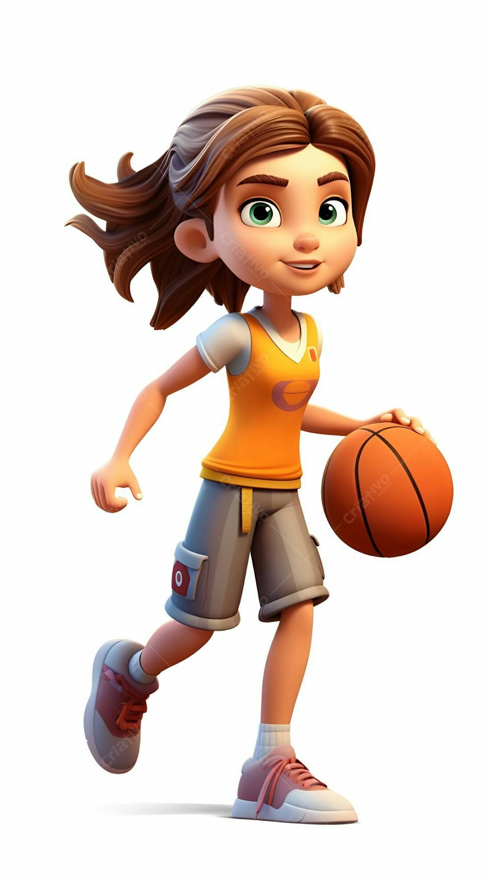 imagem do personagem de desenho animado 3D de uma garota enérgica jogando basquete