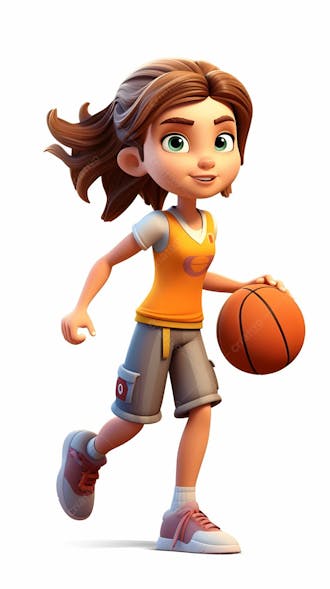 Imagem do personagem de desenho animado 3d de uma garota enérgica jogando basquete