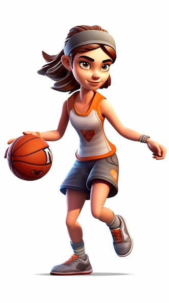 Desenho 3d animado de uma jovem enérgica jogando basquete
