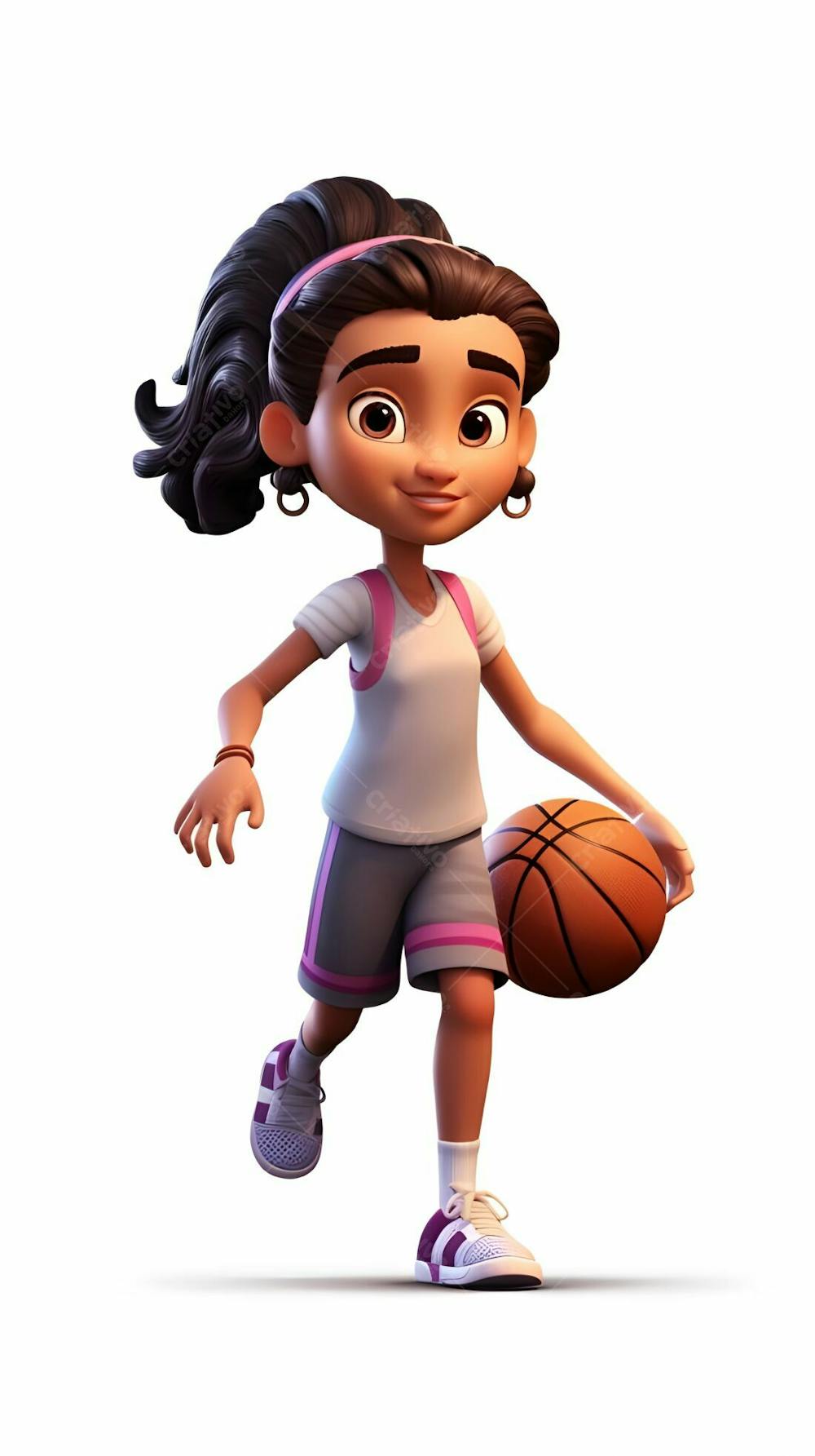  imagem de personagem de desenho animado 3D de uma jovem enérgica jogando basquete