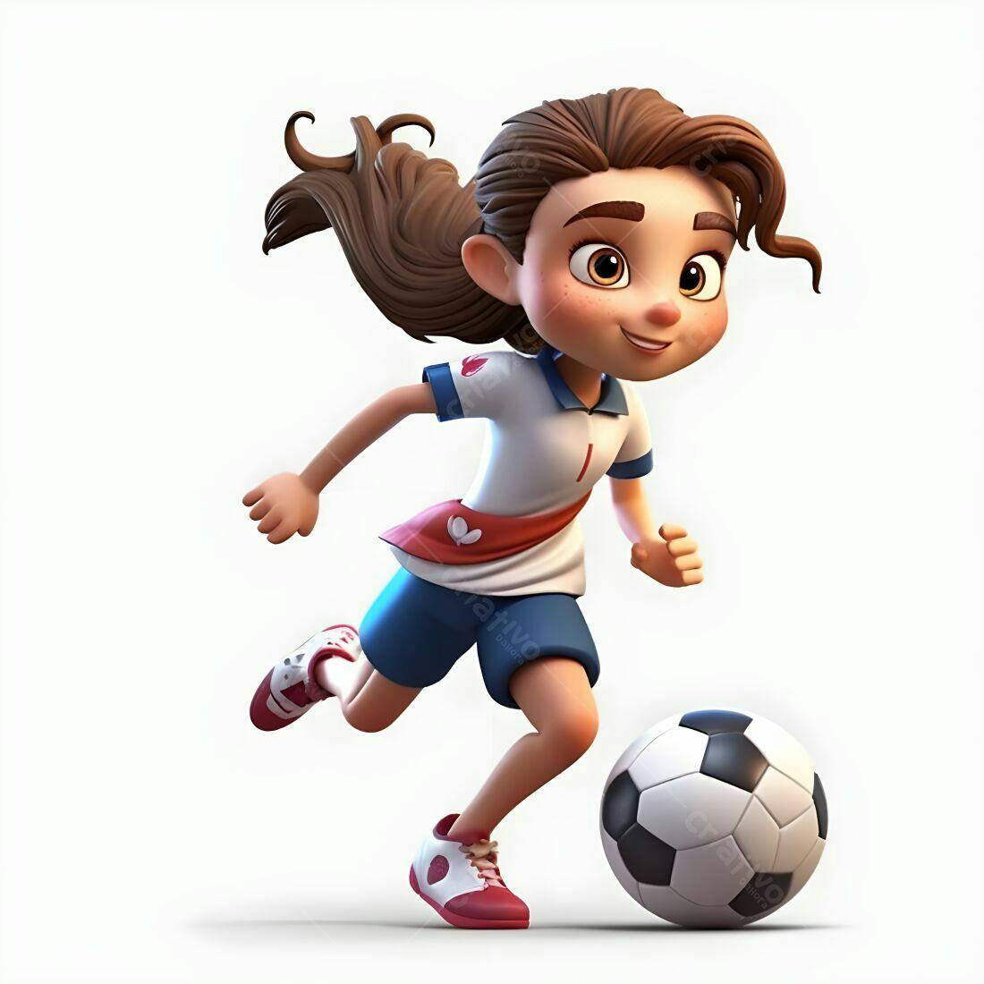 Menina jogando futebol uniforme branco e azul