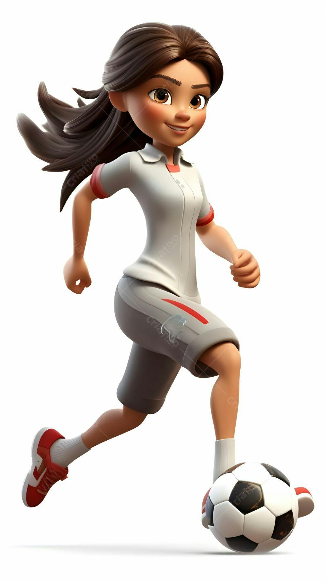 Menina jogando futebol uniforme cinza