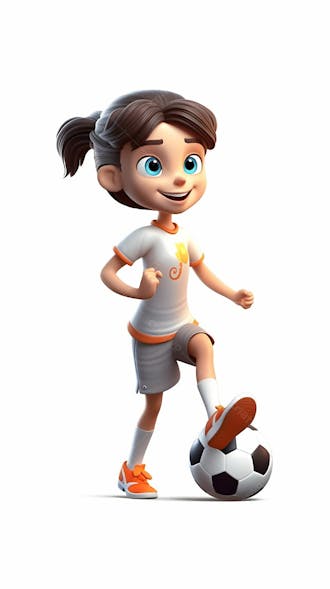 Imagem de animação 3d de uma jovem enérgica jogando futebol