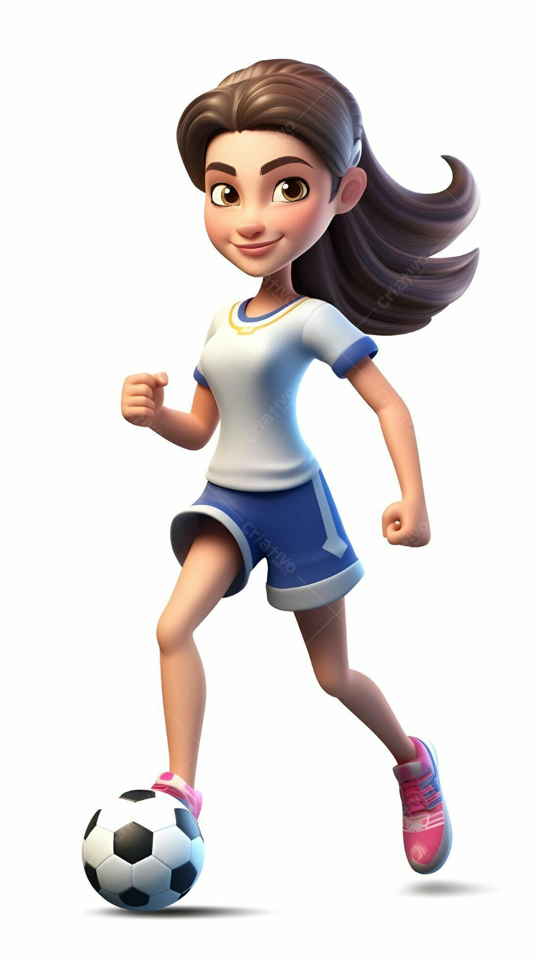 Menina jogando futebol uniforme azul e branco
