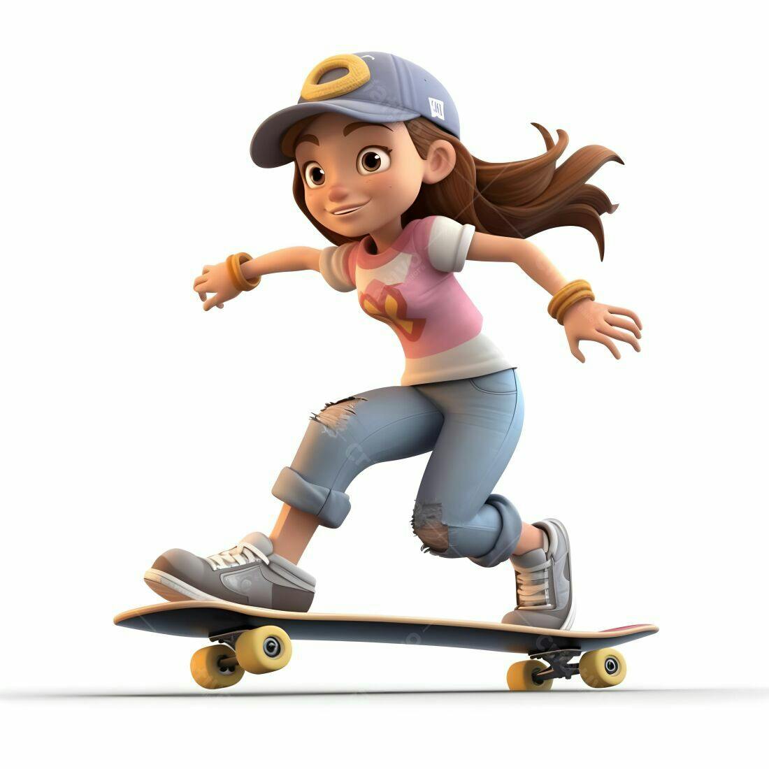 Menina animada de skate estilo cartoon