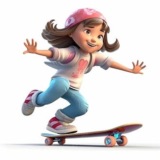 Animação 3d de jovem enérgica com prancha de patinação