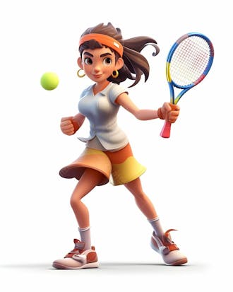 Imagem do personagem de desenho animado 3d de uma jovem jogando tênis