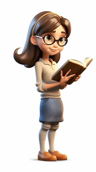 Personagem de desenho animado 3d de menina lendo livro