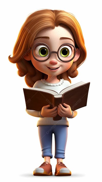  Personagem de desenho animado 3D de linda garota lendo livro
